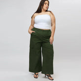 nxt wide leg high rise stretchable green 6 pocket cargo cotton pant for women